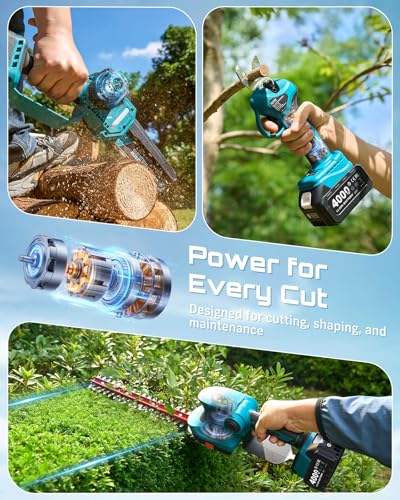 SEESII 4-in-1 Electric Mini Chainsaw, Battery Hedge Trimmer & Pruner Combo - color: Royal Blue