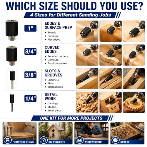 16 Pcs Sanding Drum Kit, 1/4" & 1/8" Shank Rubber Mandrels with 80/120/240 Grit Aluminum Oxide Sleeves, Rotary Tool Drill Sanding Attachment for Wood, Metal, Curves and Detail Work