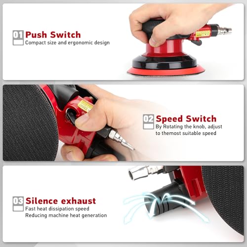 Professional 5" Dual Action Random Orbit Air Sander, Pneumatic Palm Sander, Low Vibration, Heavy Duty - color: Red, size: 5 inch