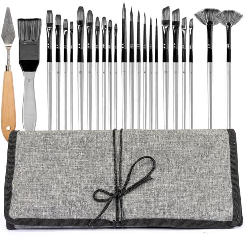H & B 25 PCS Acrylic Paint Brush Set with Canvas Roll for Oil Watercolor - color: Black
