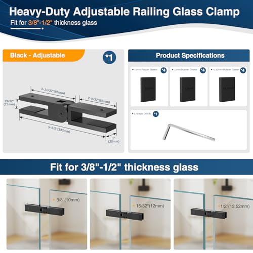 Adjustable Glass to Glass Clamp, 90-180-270 Degree Matte Black Railing Clamps, Stainless Steel T304 Railing Clips Brackets for Fence, Balustrade, Balcony Deck, Indoor & Outdoor - size: 1 Pack, style: Adjustable