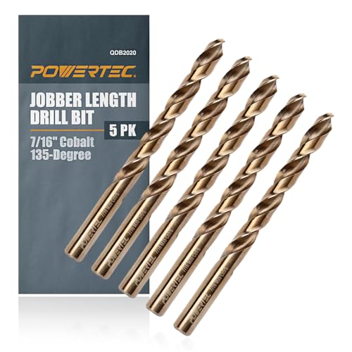 POWERTEC 7/16" Cobalt Drill Bits - 5 Pack - 5-35/64" Length - M35 HSS Jobber Length Twist Bits with 135° Tip for Drilling Wood, Metal, Stainless Steel, Nickel Alloy, Cast Iron & Plastic (QDB2020V) - style: 5PK 7/16" Cobalt Drill Bits (M35 135°)
