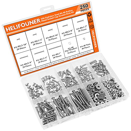 HELIFOUNER 250 Pieces #4-40 x 3/16" 1/4" 5/16" 3/8" 1/2" 5/8" 3/4" 1", Button Head Socket Cap Screws Bolts Washers Nuts Kit, Coarse Thread, Fully Machine Threaded, 304 Stainless Steel - size: #4-40, style: Button Head