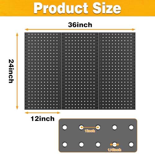 Pegboard Smith Metal Pegboard Panels 12" x 24", 3 Pack Black Wall Mounted Tool Organizer Boards, Heavy Duty Tool Storage Peg Board for Garage, Workbench, Office, Fits 1/4" Peg Hooks - style: 3 Pack Black Panels