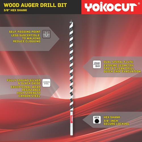 5/8" x 17" Auger Drill Bit for Wood, Hex Shank 3/8 Inch, Wood Boring Drill Bits, Ship Auger Long Drill Bit for Soft and Hard Wood, Plastic, Drywall Tree Stump and Composite Materials - size: 5/8", style: Length: 17"