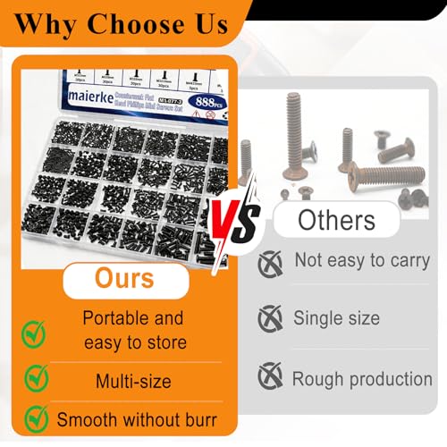 24Sizes 888Pcs Tiny Micro Laptop Computer Screw Kit M1.4/M1.7/M2/M2.5/M3/M4 Countersunk Flat Head Phillips Mini Repair Screws Set for Machinery, Furniture, Automotive, Motorcycle - size: 888pcs