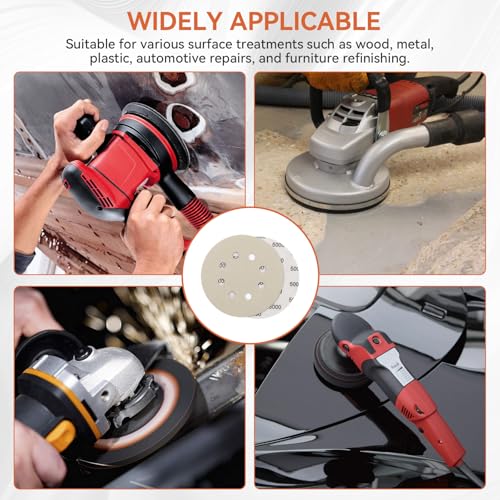 100PCS 5 Inch Sanding Discs Hook & Loop Sandpaper 400/600/800/1000/1500/2000/3000/5000/7000/10000 Grit Orbital Wet Dry Sandpaper with 2PCS Interface Pads for Automotive Wood Metal Polishing
