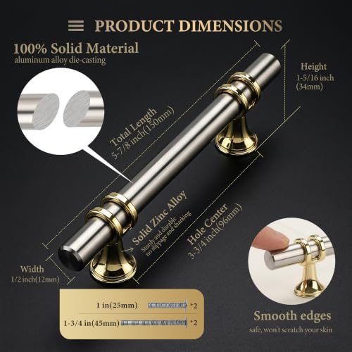 Haliwu 10 Pack 3-3/4 Inch Brushed Nickel and Gold Cabinet Handles | 96mm Hole Center, Solid Aluminum and Zinc Alloy, Kitchen Pulls Hardware for Bathroom Drawer Dresser - color: Brushed nickel&Gold, size: 3-3/4 inch (96mm) hole spacing