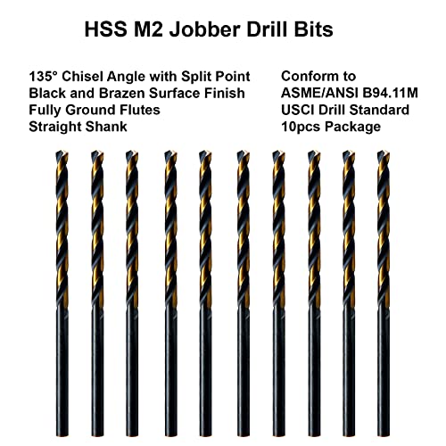 MAXTOOL No 2 10PCs Identical Jobber Length Drill Bits 0.221" HSS M2 Twist Drills Wire Gauge Gage Numbered Straight Shank; JBN02H10R02E10