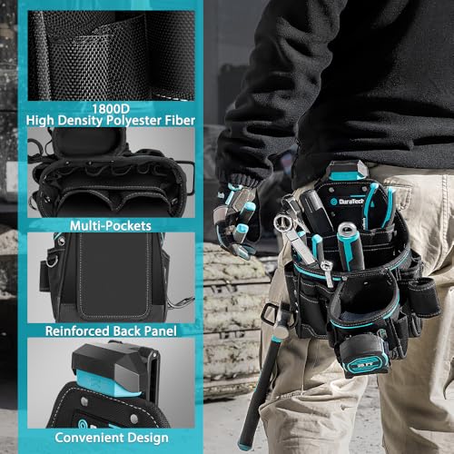 DuraTech Tool Pouch with Belt Clip, Electrician Tool Pouch with Tape Measure Holder & Hammer Loop, Quick Release Buckle, Expandable Support Frame, Ideal for Construction, Carpentry and Handyman Use - style: Large