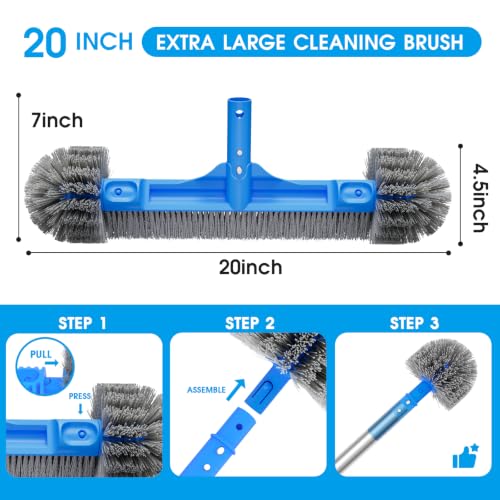 TidyMister Pool Brush for Cleaning Pool Walls, 20'' Pool Brush Head with Detachable Side Brush Nylon Bristles Pool Scrub Brush for Above Ground Pools Ingound Pools, Safe for Vinyl Liner - size: 19.8 Inch