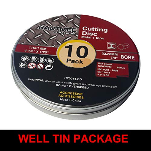 HAUTMEC 10 Pack Cut Off Wheels 4-1/2" x .04" x 7/8", Metal Cutting Discs with Storage Tin Box for Angle Grinder, MPA Certified Ultra-Thin Aluminum Oxide Abrasive Cut-Off Wheel (HT0014) - size: 4.5" x .04" x 7/8" (10 pcs)
