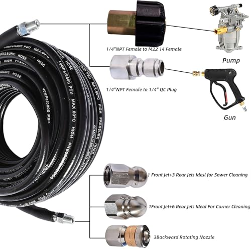 Sewer Jetter Kit for Pressure Washer 5800 PSI Drain Cleaner Hose 1/4 Female NPT,Button Nose,Pressure Washer Adapter,Button Hose Sewer Jetting Nozzle Pearl Corsage Pin Waterproof Tape with 2 Spanner - size: 25FT
