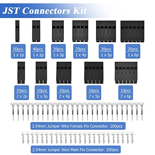 Mesee 620 Pieces Dupont Crimp Pin Connector Assortment Kit 2.54mm Pitch JST SM 1 2 3 4 5 6 Pin Single/Double Row Housing Socket Dupont Male Female Crimping Pins Adaptor Connectors Kit