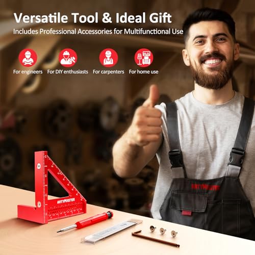 3.8＂Mini 3D Multi-Angle Measuring Square Ruler, WT102A High Precision Hole Scribing Woodworking Tools, 0-90° Aluminum Alloy Carpenter Square Wood Working Tools, Carpenter Pencils 6 Refills. - color: 3.8 inch Square+Pencil, style: Imperial