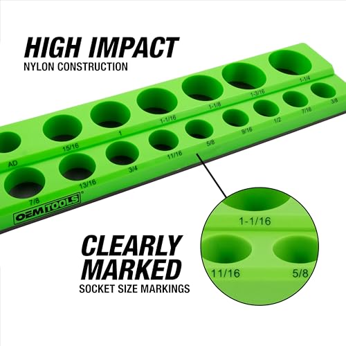 OEMTOOLS 6-Pc Metric & SAE Magnetic Socket Tray Set Holds 143 Sockets | Magnetic Socket Organizer Tray, Non-Marring Rubberized Base, Clearly Marked Sizes, 1/4, 3/8, 1/2 Inch Sockets - style: Black and Green