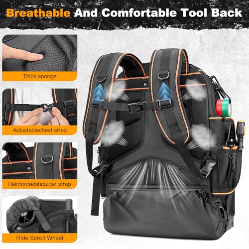Tool Backpack, HVAC Tool Bag with Molded Base, Full Opening Electrician Tool Backpack for Men Heavy Duty, Tools Organizer Bags for Jobsite Work Handyman, Large Pockets & Combination Lock