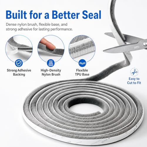 Brush Weather Stripping, Self-Adhesive Pile Door Seal Strip for Sliding Doors and Windows, Felt Weatherstrip Draft Stopper, Soundproof Dustproof Window Gap Seal, Gray, 20FT - size: 0.35" X 0.35" (20FT)