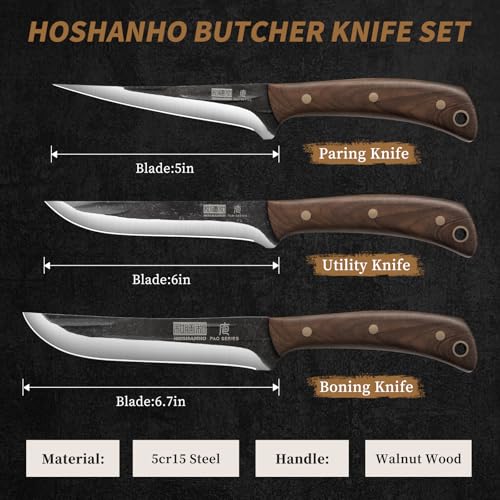 HOSHANHO Butcher Knife Set 3PCS, Sharp Fillet & Utility & Paring Knife Set | Hand Forged Kitchen Knife Set, Upgraded High Carbon Stainless Steel Meat Cutting for Home, Outdoor, Gift for Men - size: 6.7"