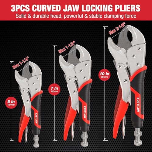 Vice Grips Pliers Set, 6-Piece Locking Pliers Set, 6-1/2”&9-1/2” Long Nose Locking Pliers, 5”, 7” and 10” Curved Jaw Vise Grip Pliers, 6” C-clamp with Rolling Pouch