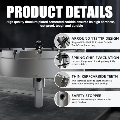 Heavy Duty Carbide Hole Saw Set, 4-59/64” (125mm), Extra Deep Cutting Depth of 1.1 Inches (28mm) - Ideal for Stainless Steel, Mild Steel, Iron, Copper, Brass, and Plastic - size: 125mm(4-15/16")