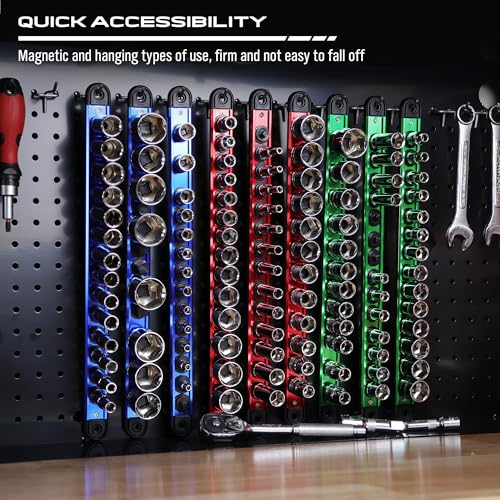 Magnetic Socket Holder Organizer Set: 9-Piece Detachable 1/4, 3/8, 1/2 Socket Trays Socket Organizer for Tool Box Drawer Holds 120-Piece Standard Size Sockets for Automotive Garage(Blue Red Green) - style: 9-Piece Alum. Rails (Holds 120)