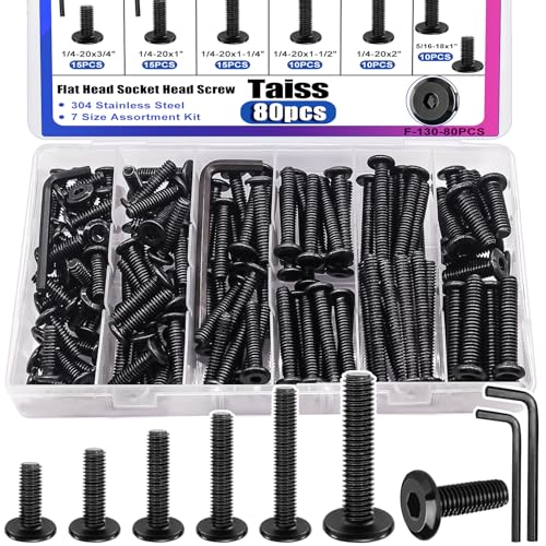 Taiss 80PCS Flat Head Hex Socket Cap Screws Bolts 7 Sizes 1/4-20x3/4 1" 1-1/4" 1-1/2" 2",5/16-18x1 1-1/2" 304 Stainless Steel Furniture Bolts,Full Thread Furniture Screws with Hex Wrench - size: 80PCS 1/4-20''+5/16-18'' Assortment Kit