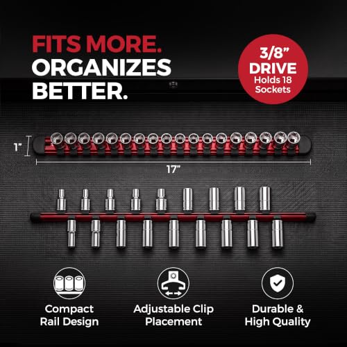 Olsa Tools 3/8-Inch Socket Organizer Rail with Locking Caps, Red - color: Red, size: 3/8-Inch Drive