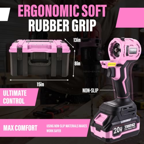 TEENO Brushless Power Tool Combo Kit, 6-in-1 Cordless Interchangeable Multi-Tool Set (Drill, Impact Wrench, Oscillating Tool, Reciprocating & Chain Saws, Sander), 3Ah Battery, USB Adapter & Hard Case - color: Pink