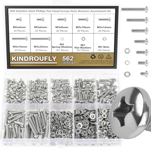 562 Pieces M3 x 4/6 /8/10 /12/16 /20mm Phillips Pan Head Machine Screws Nuts Washers Assortment Kit, 304 Stainless Steel, Fully Machine Thread - size: M3
