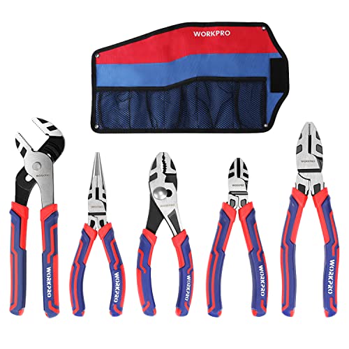 WORKPRO Pliers Set, 5-Piece Premium Cr-V Pliers Kit with Storage Pouch - size: 5-piece