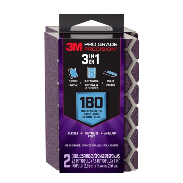 3M Pro Grade Precision 3-in-1 Sanding Sponge, 180 Grit Medium, 2 Sponges, Washable & Reusable, for Wood, Metal, Drywall, and Paint Prep – Flexible Foam, Contoured, Angled, Flat - size: 2.5 in x 4.5 in x 1 in - 2 Sponges, style: 180 Grit Medium