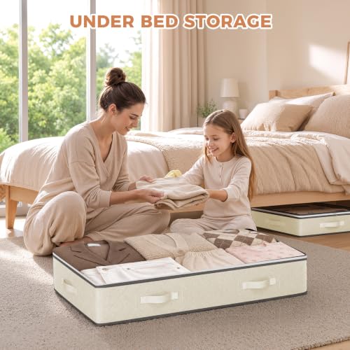 Budding Joy 4 Pack Under Bed Storage Containers with Clear Lids, Beige - color: Beige, size: 60L-4 Pack