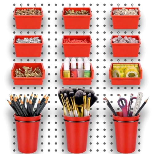 Pegboard Bins Cups with Hooks & Loops 12 Pack Peg Board Organizer (Red) - color: Red