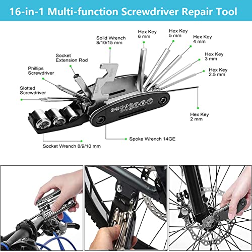 Bike Repair Tool Kit with Mini Bicycle Pump,16-in-1 Bike Multitool, Portable Bicycle Flat Tire Repair Kit for Road MTB EBikes, Bike Emergency Repair Kit, Saddle Bag with Tail Light - style: Repair Set with Mini Pump