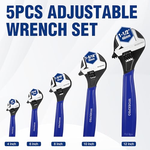 WORKPRO 5 PCS Adjustable Wrench Set, 4", 6", 8", 10" 12" Wide Jaw Wrenches - color: Blue, size: 4-Inch & 6-Inch & 8-Inch & 10-Inch & 12-Inch