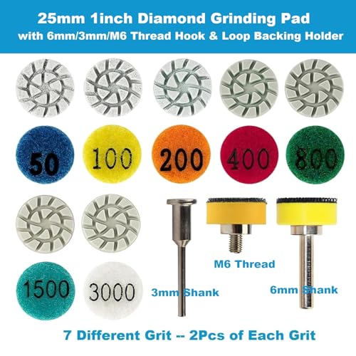 1inch 25mm Mini Diamond Polishing Pad 16Pcs/Set, 7 Different Grit 50#-3000# Water Sanding Discs & M6 Thread 3mm/6mm Shank Hook & Loop Backing Holder for Detail Fine Grinding - style: 3mm 6mm Shank 7Grit