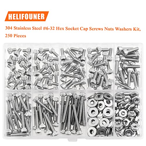 HELIFOUNER 250 Pieces #6-32 x 3/16" 1/4" 5/16" 3/8" 1/2" 5/8" 3/4" 1", Hex Socket Head Cap Screws Bolts Washers Nuts Kit, Coarse Thread, Fully Machine Threaded, 304 Stainless Steel - size: #6-32, style: Socket Head