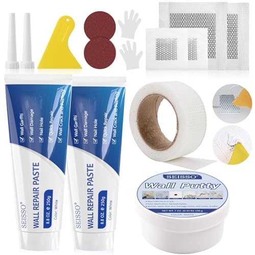 SEISSO Drywall Repair Kit, White- Wall Mending Agent 250 g* 2, Wall Repair Paste Plaster, 1 Pack Wall Putty, Repair Tape and Wall Repair Patch with 2inch 4inch, Quick Fill Crack and Nail Hole - style: 2pcs paste + putty