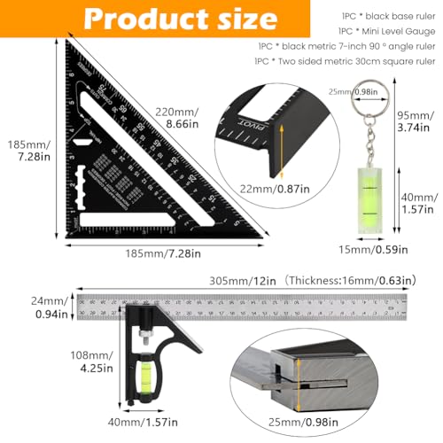 Combination Square Woodworking Ruler Tools, 7 Inch Aluminium-Alloy Carpenter Squares and Double-Sided Metric 30cm Right Angle Squares and Small Level, Combo Square