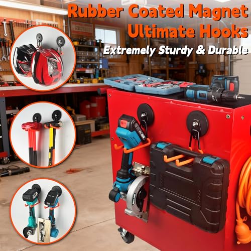 ULIBERMAGNET New Updated Strong Magnetic Hooks,2 Pack Heavy Duty Large Magnetic Hooks for Extension Cord, Cable, Hose, Power Cord,Rope,Drill,Jig Saw,Circular Saw,Garden Lawn Tools (Orange/3.46inch) - style: Upgraded Orange Large L Ultimate Strong Hooks