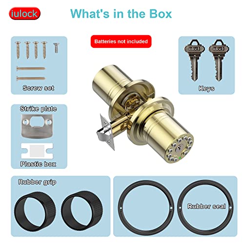 iulock Smart Door Knob with Keypad and Key,Keyless Entry Door Lock with Rubber Grip, Auto Lock,50 User Code,Waterproof, Easy to Install and Program for Bedroom Garage Office Gate (Golden) - color: Gold