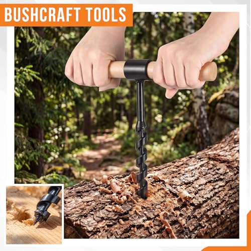 6 Pcs Hand Auger Wood Drill Wrench Set Bushcraft Gear Heavy Duty Steel Manual Survival Tools with Auxiliary Handle Bushcraft Tools for Camping, Outdoor, Hiking, Woodworking