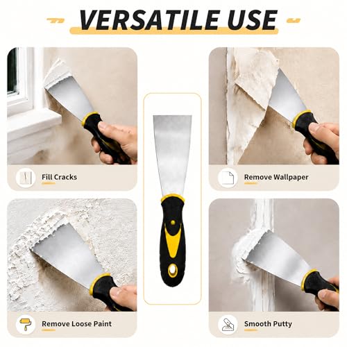 5 Pack 2-Inch Putty Knife Set, Stainless Steel Blade Paint Scrapers with Comfortable Soft Grip Handles, Heavy Duty Spackling Knives for Drywall Repair, Plaster, Wallpaper Removal and Home Improvement