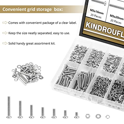 562 Pieces M3 x 4/6 /8/10 /12/16 /20mm Phillips Pan Head Machine Screws Nuts Washers Assortment Kit, 304 Stainless Steel, Fully Machine Thread - size: M3