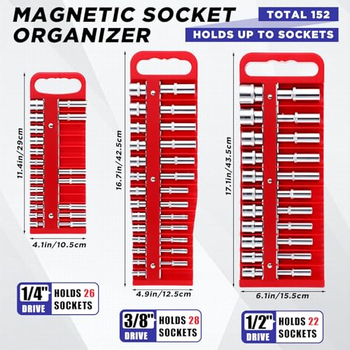 6 Pcs Magnetic Socket Organizer Holder Case Rail Rack for 1/2'', 3/8 '', 1/4'' Drive, Securely Holds 152 Sockets(Red,Blue) - color: Red,blue
