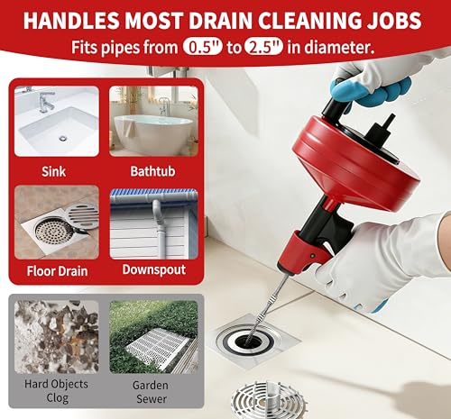 Drain Snake 50 Ft with Drill Attachment, Auto Feed 1/4 Inch Plumbing Snake for Sink, Shower & Tub Clogs, Manual or Drill-Powered Drain Auger, with Gloves, Safety Glasses & Storage Bag - color: 50FT