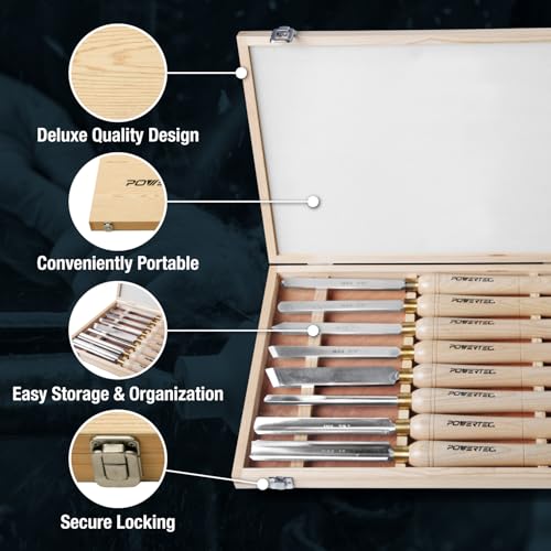 POWERTEC 8 Pcs Wood Lathe Chisel Set, HSS Steel Blades Wood Lathe Tools | Spindle Gouge, 2 Pcs Roughing Gouge, Spear Scraper, Round Nose Scraper, Parting Tool, 2 Pcs Skew Chisel (71824) - style: 8pcs set