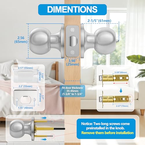Plustool 10 Pack Privacy Door Knobs Interior, Satin Nickel Doorknob with Lock -ANSI Grade-3 Certified,Keyless Door Locks for Bedroom,Bathroom, Modern Heavy Duty Handle with Round Ball, Easy to Install