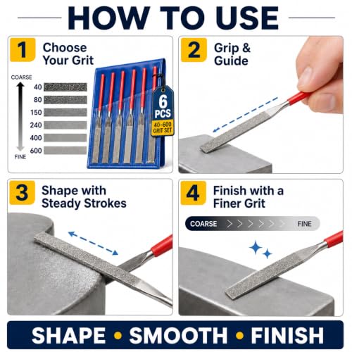 Drilax 6-Pc Diamond File Set, Flat Hand Files (40–600 Grit) Heavy-Duty Diamond Sharpening & Finishing Tools for Glass, Jewelry, Stone, Metal Precision Craft Files for DIY, Workshop & Professional Use